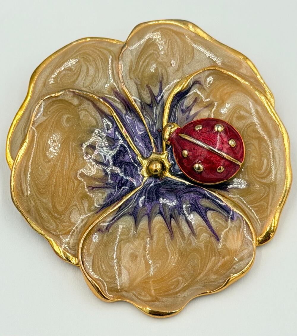 Vintage M. JENT Enameled Pansy Flower with Ladybug Brooch